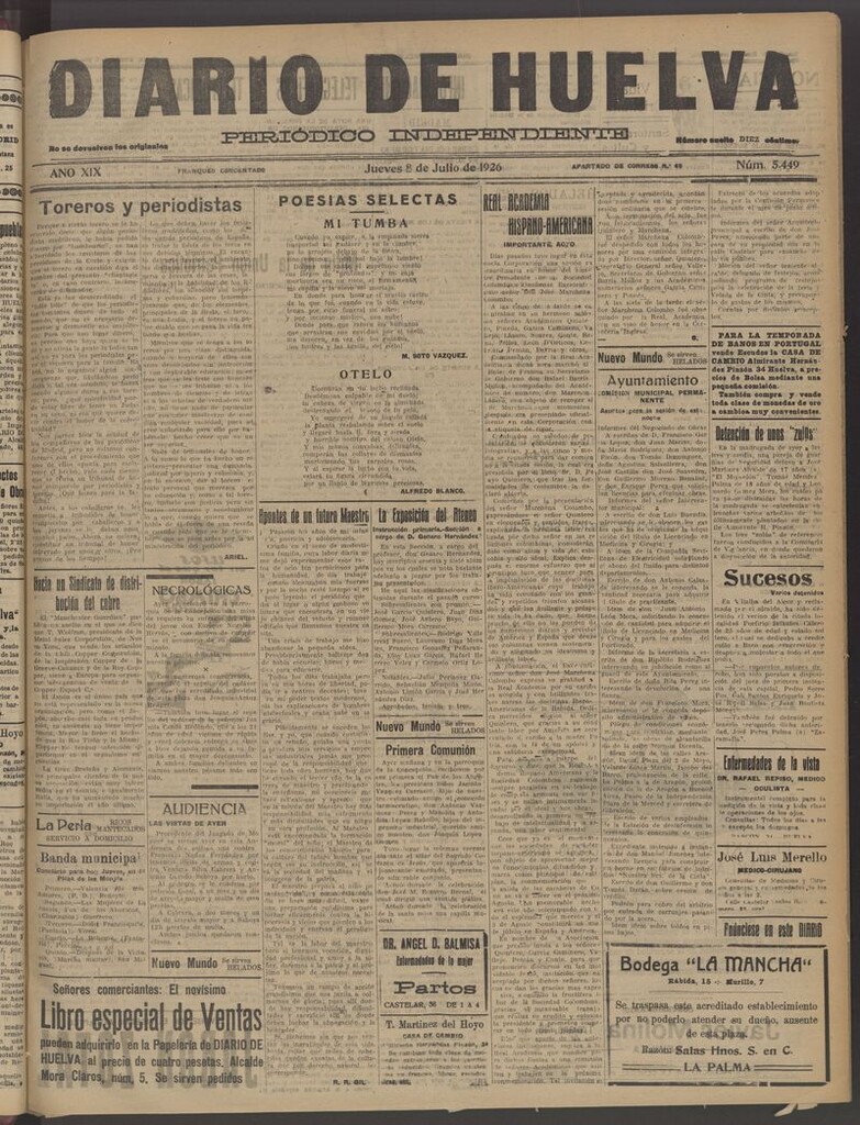 Miniatura de Diario de Huelva : periódico independiente del 8 de julio de 1926