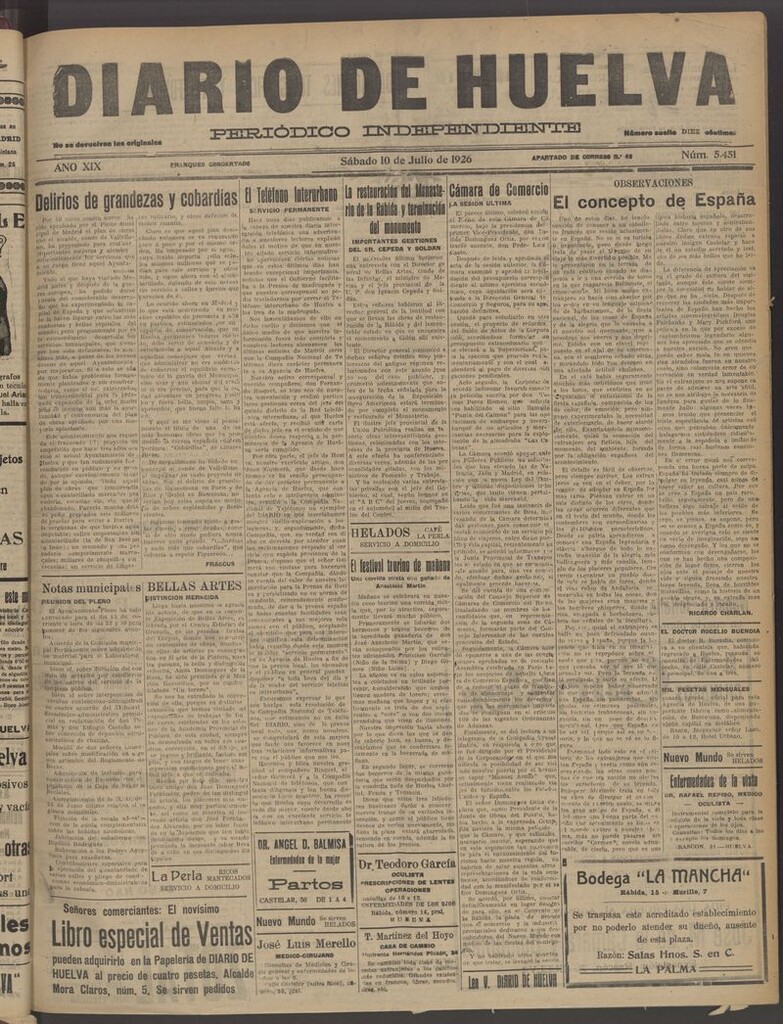Miniatura de Diario de Huelva : periódico independiente del 10 de julio de 1926