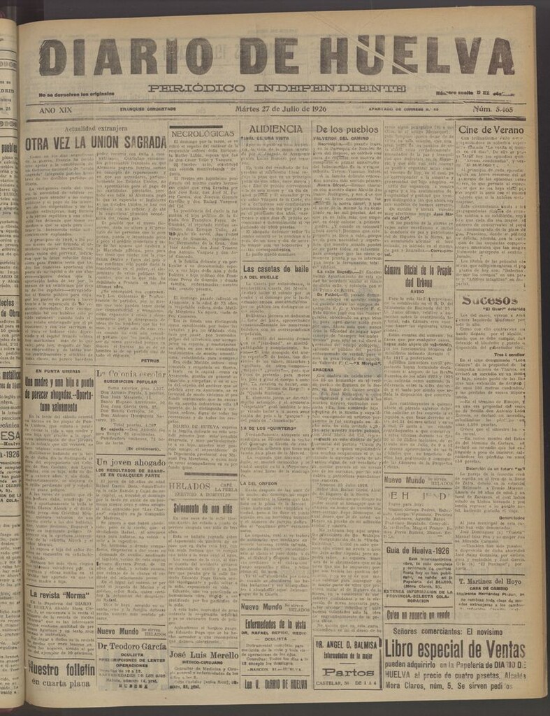 Miniatura de Diario de Huelva : periódico independiente del 27 de julio de 1926