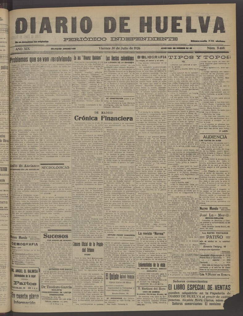 Miniatura de Diario de Huelva : periódico independiente del 30 de julio de 1926