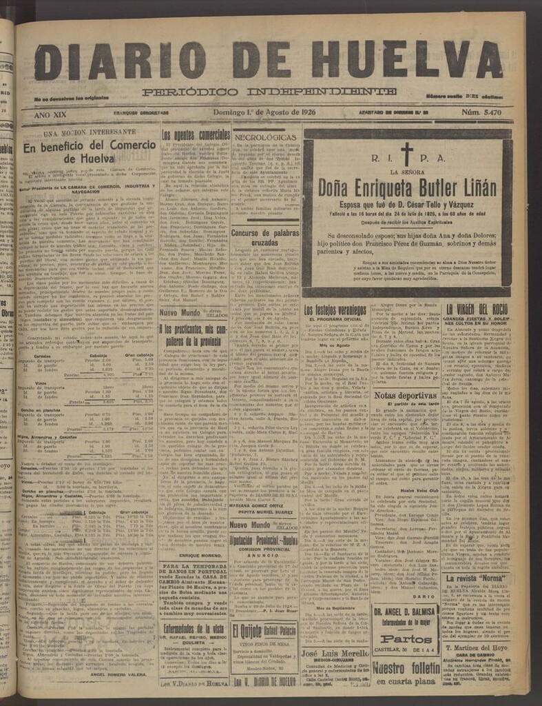 Miniatura de Diario de Huelva : periódico independiente del 1 de agosto de 1926