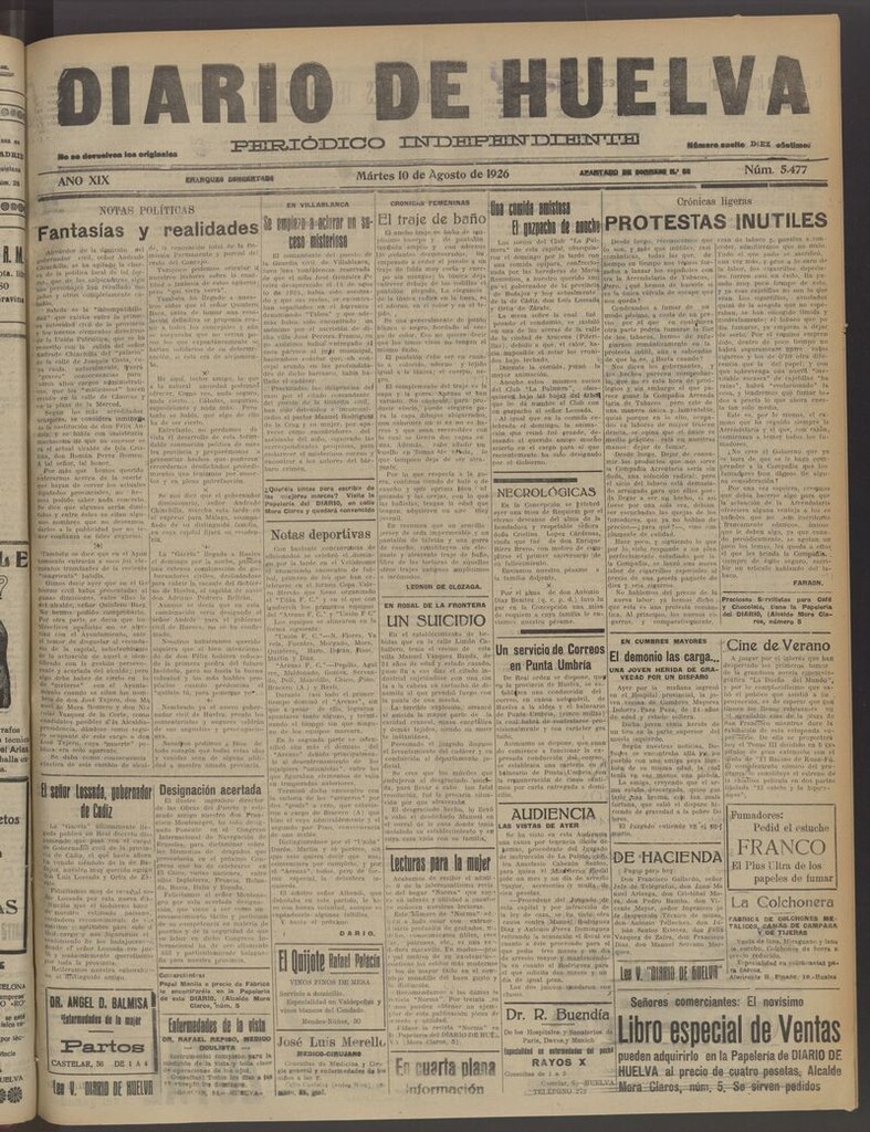Miniatura de Diario de Huelva : periódico independiente del 10 de agosto de 1926