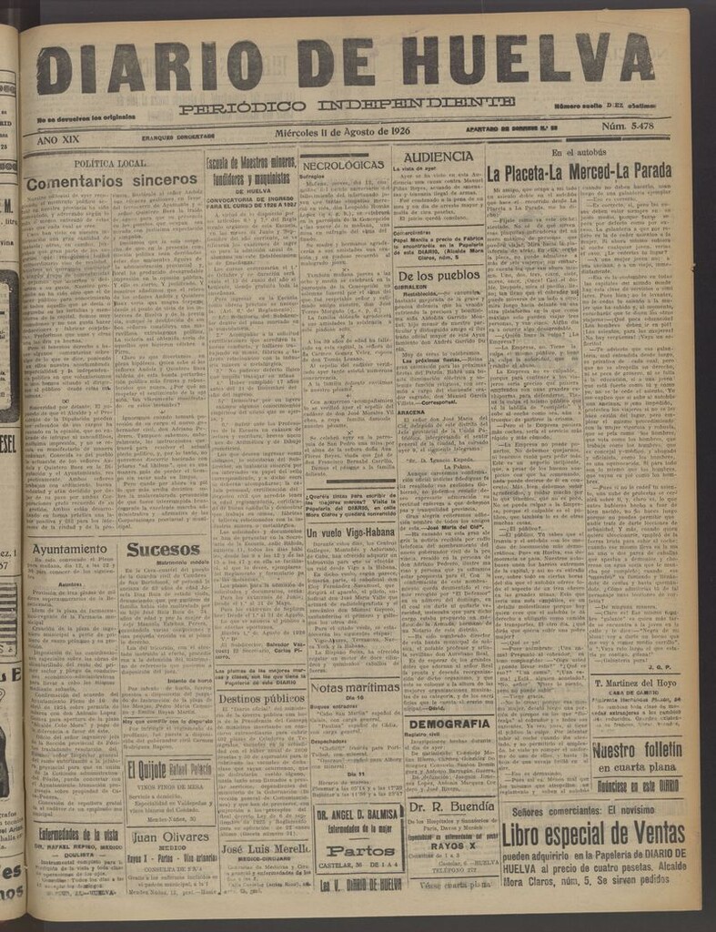 Miniatura de Diario de Huelva : periódico independiente del 11 de agosto de 1926
