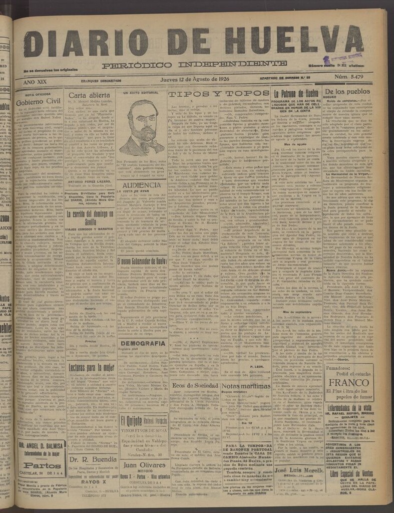 Miniatura de Diario de Huelva : periódico independiente del 12 de agosto de 1926