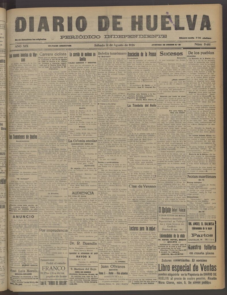 Miniatura de Diario de Huelva : periódico independiente del 14 de agosto de 1926