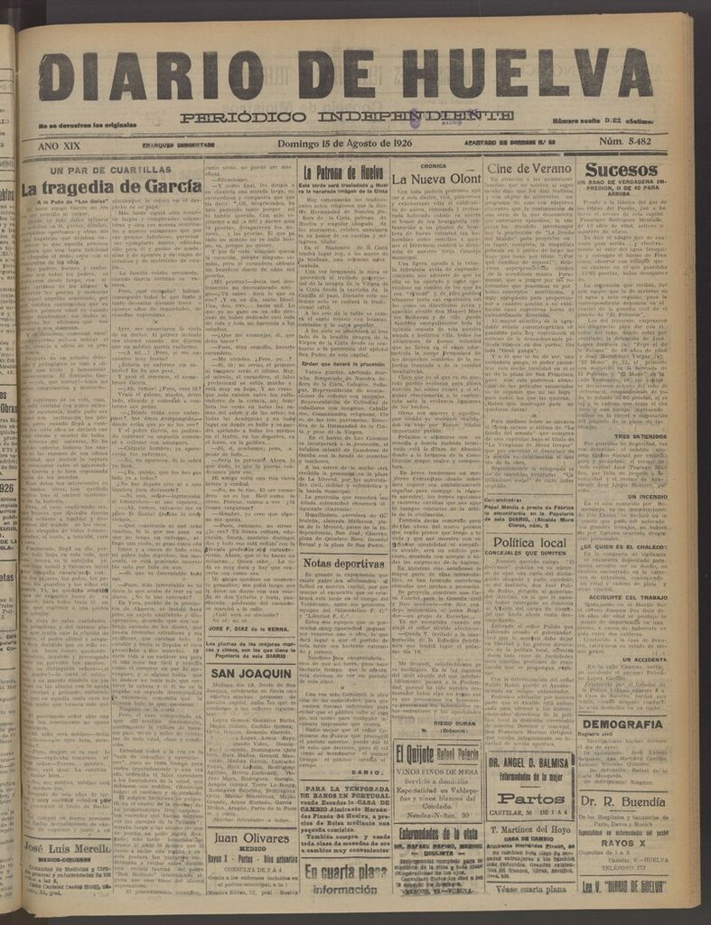 Miniatura de Diario de Huelva : periódico independiente del 15 de agosto de 1926
