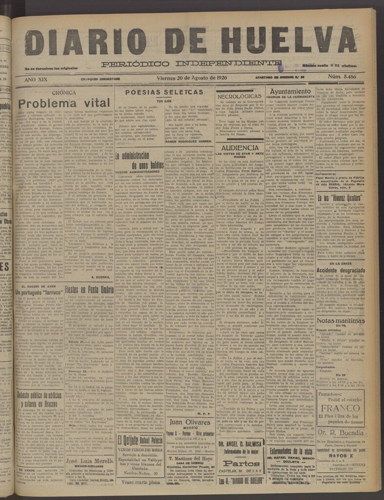 Miniatura de Diario de Huelva : periódico independiente del 20 de agosto de 1926