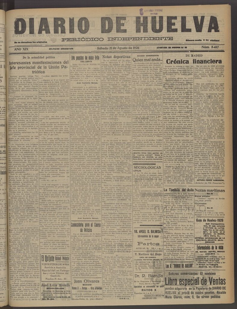 Miniatura de Diario de Huelva : periódico independiente del 21 de agosto de 1926