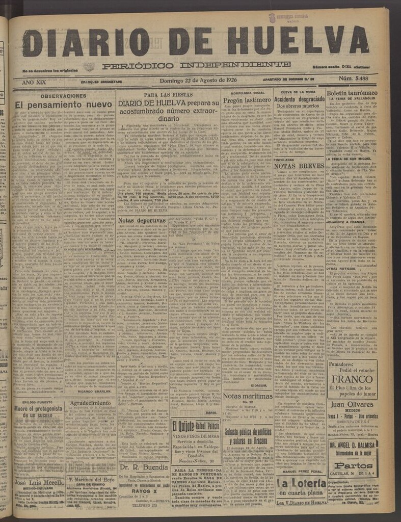 Miniatura de Diario de Huelva : periódico independiente del 22 de agosto de 1926