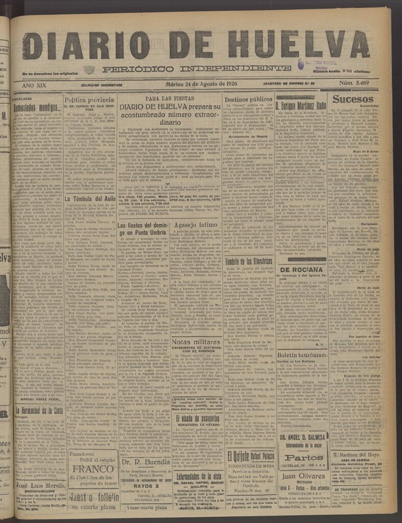 Miniatura de Diario de Huelva : periódico independiente del 24 de agosto de 1926