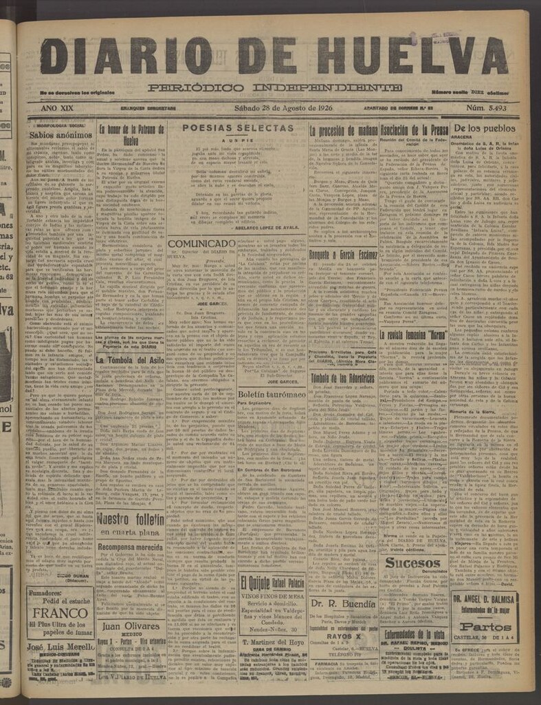 Miniatura de Diario de Huelva : periódico independiente del 28 de agosto de 1926