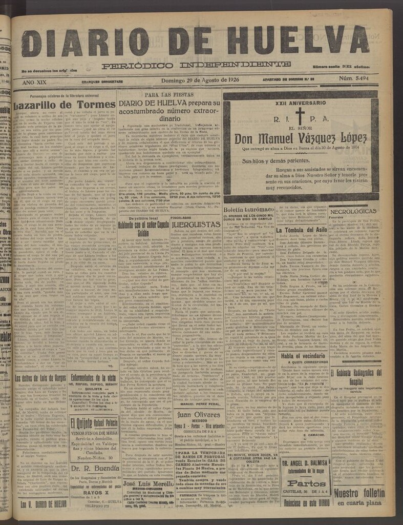 Miniatura de Diario de Huelva : periódico independiente del 29 de agosto de 1926