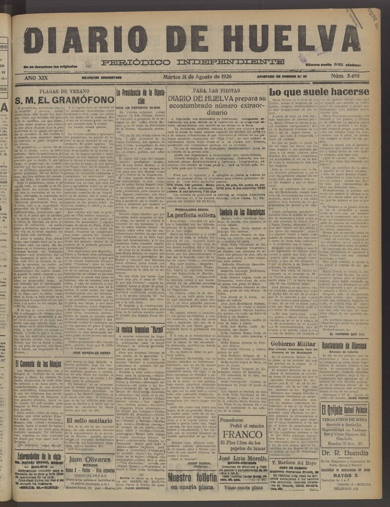 Miniatura de Diario de Huelva : periódico independiente del 31 de agosto de 1926