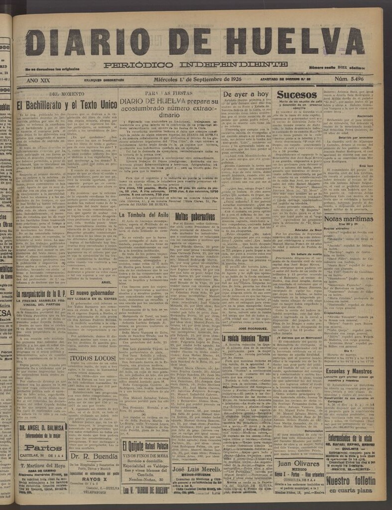 Miniatura de Diario de Huelva : periódico independiente del 1 de septiembre de 1926