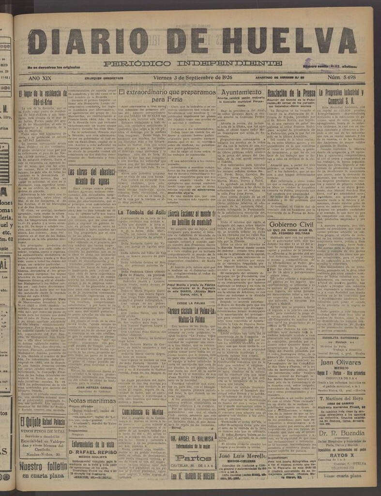 Miniatura de Diario de Huelva : periódico independiente del 3 de septiembre de 1926