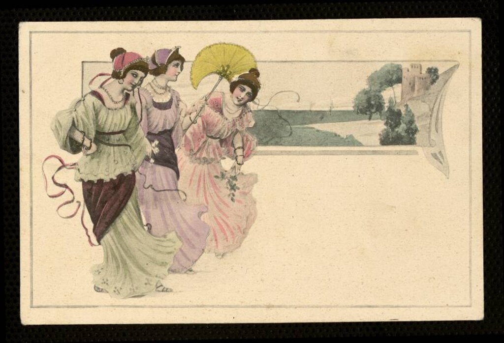 Miniatura de Tres figuras femeninas ante un castillo