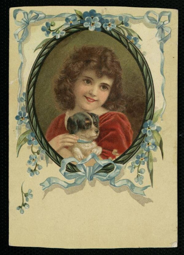 Miniatura de Niña con perrito, en un óvalo