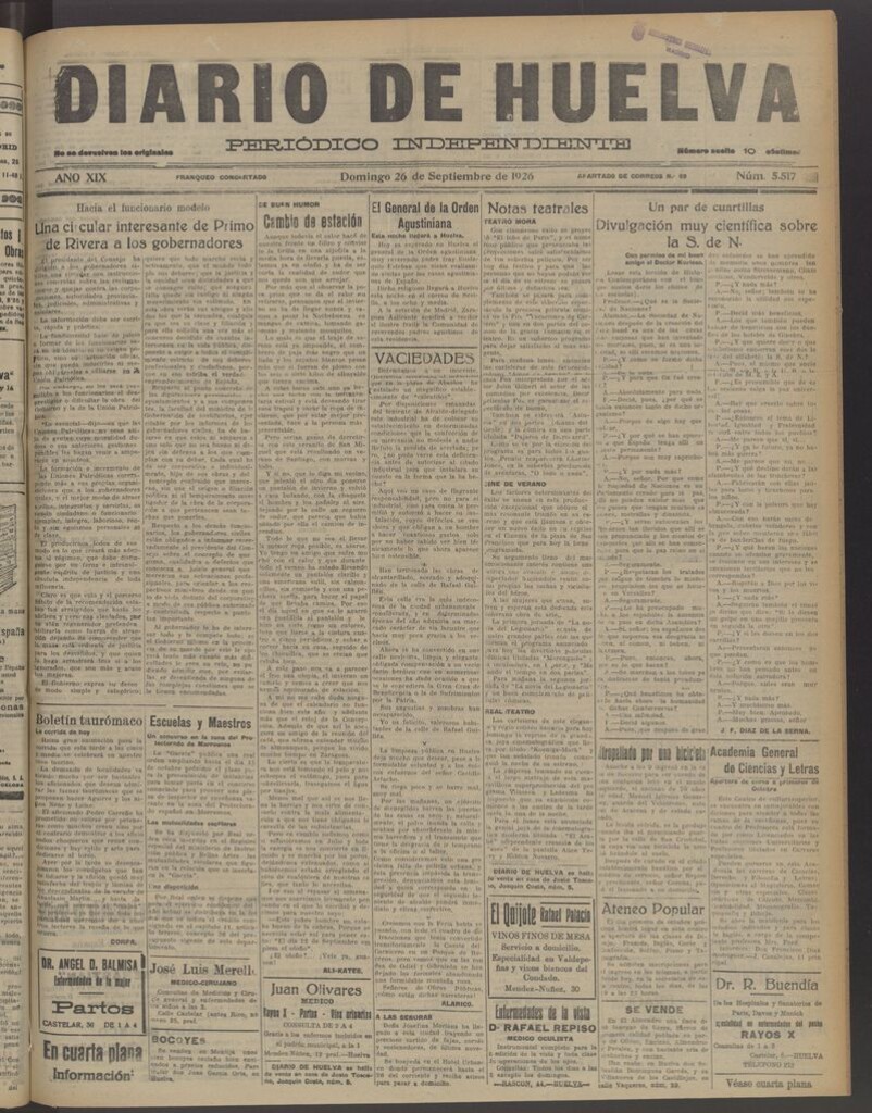 Miniatura de Diario de Huelva : periódico independiente del 26 de septiembre de 1926