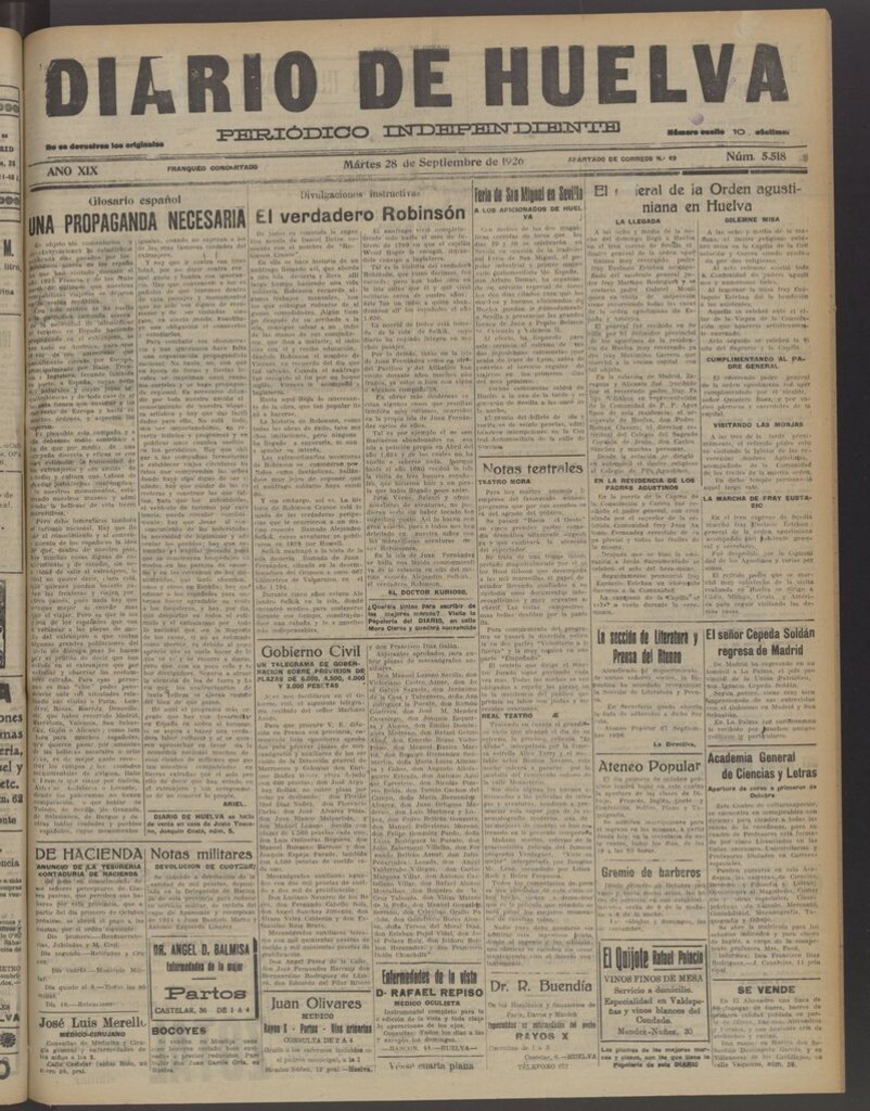 Miniatura de Diario de Huelva : periódico independiente del 28 de septiembre de 1926