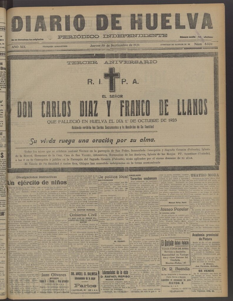 Miniatura de Diario de Huelva : periódico independiente del 30 de septiembre de 1926