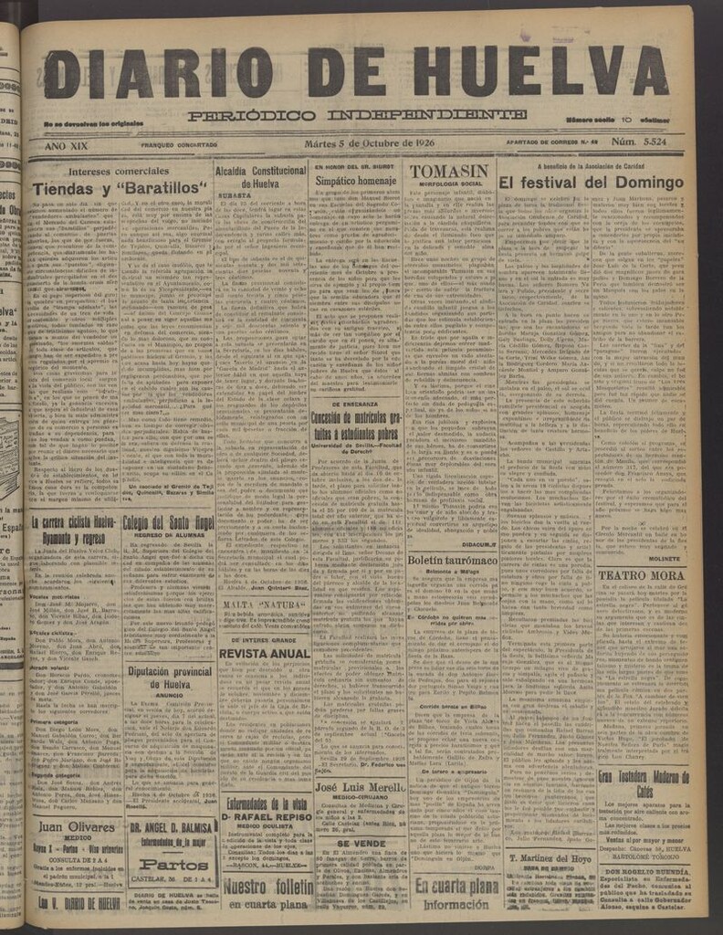 Miniatura de Diario de Huelva : periódico independiente del 5 de octubre de 1926