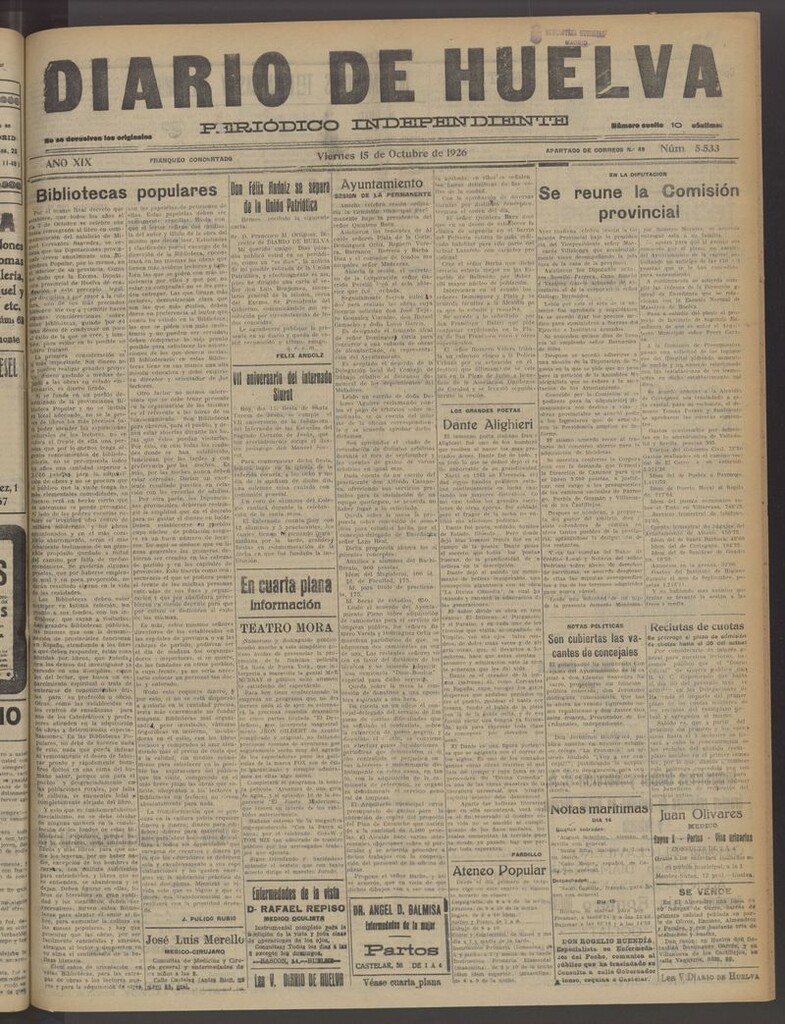 Miniatura de Diario de Huelva : periódico independiente del 15 de octubre de 1926
