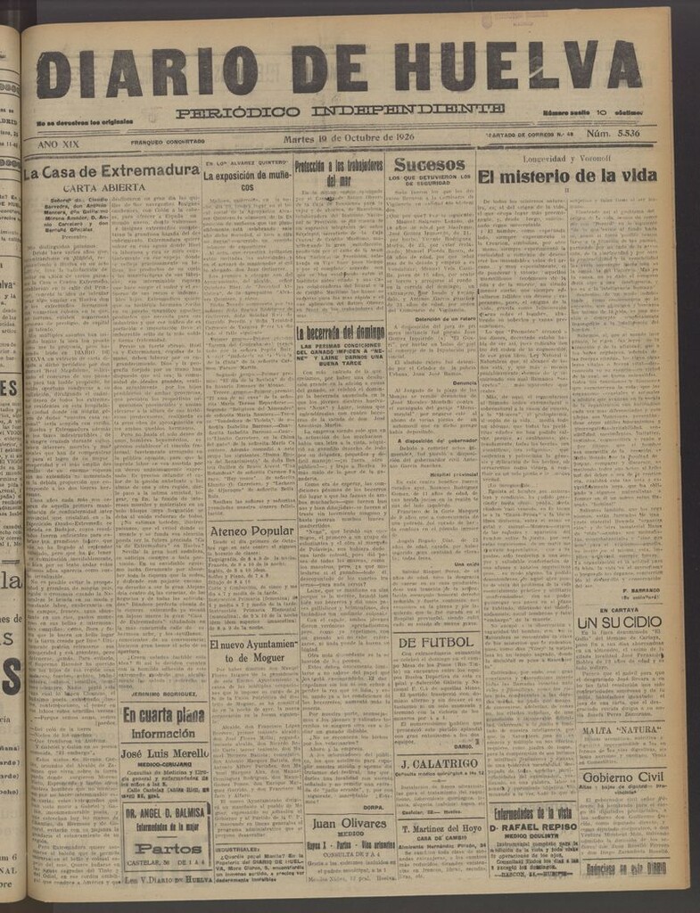 Miniatura de Diario de Huelva : periódico independiente del 19 de octubre de 1926