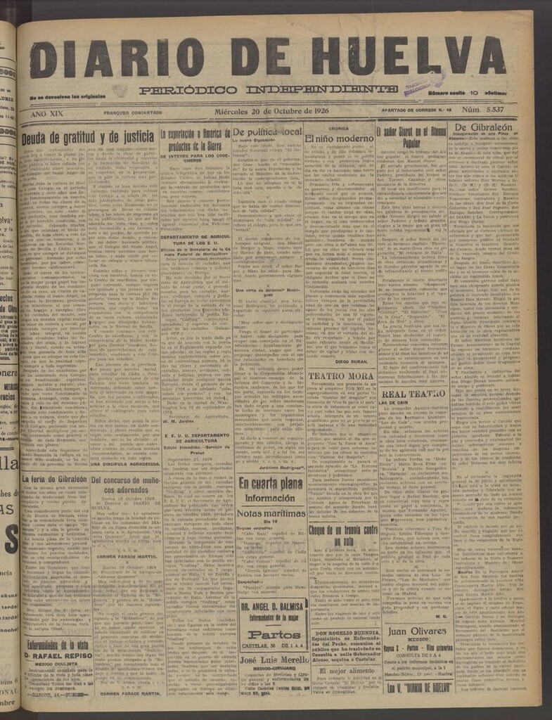 Miniatura de Diario de Huelva : periódico independiente del 20 de octubre de 1926