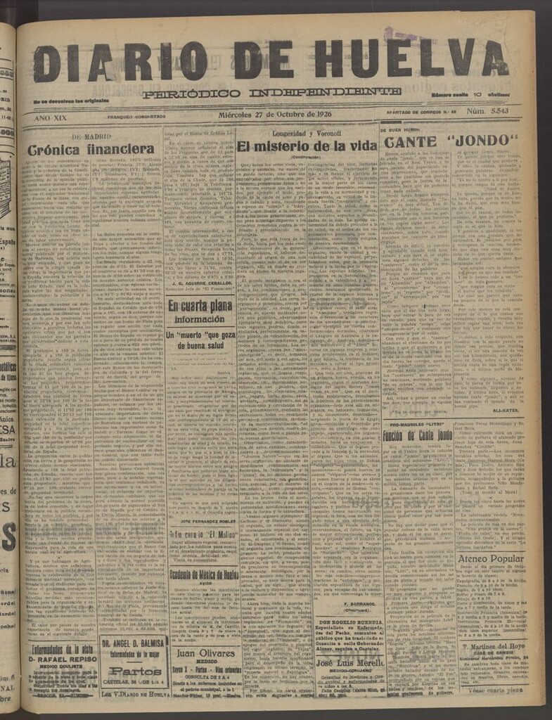Miniatura de Diario de Huelva : periódico independiente del 27 de octubre de 1926