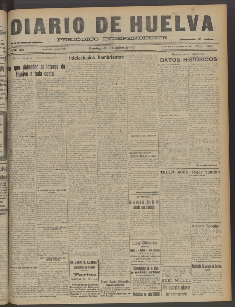 Miniatura de Diario de Huelva : periódico independiente del 31 de octubre de 1926