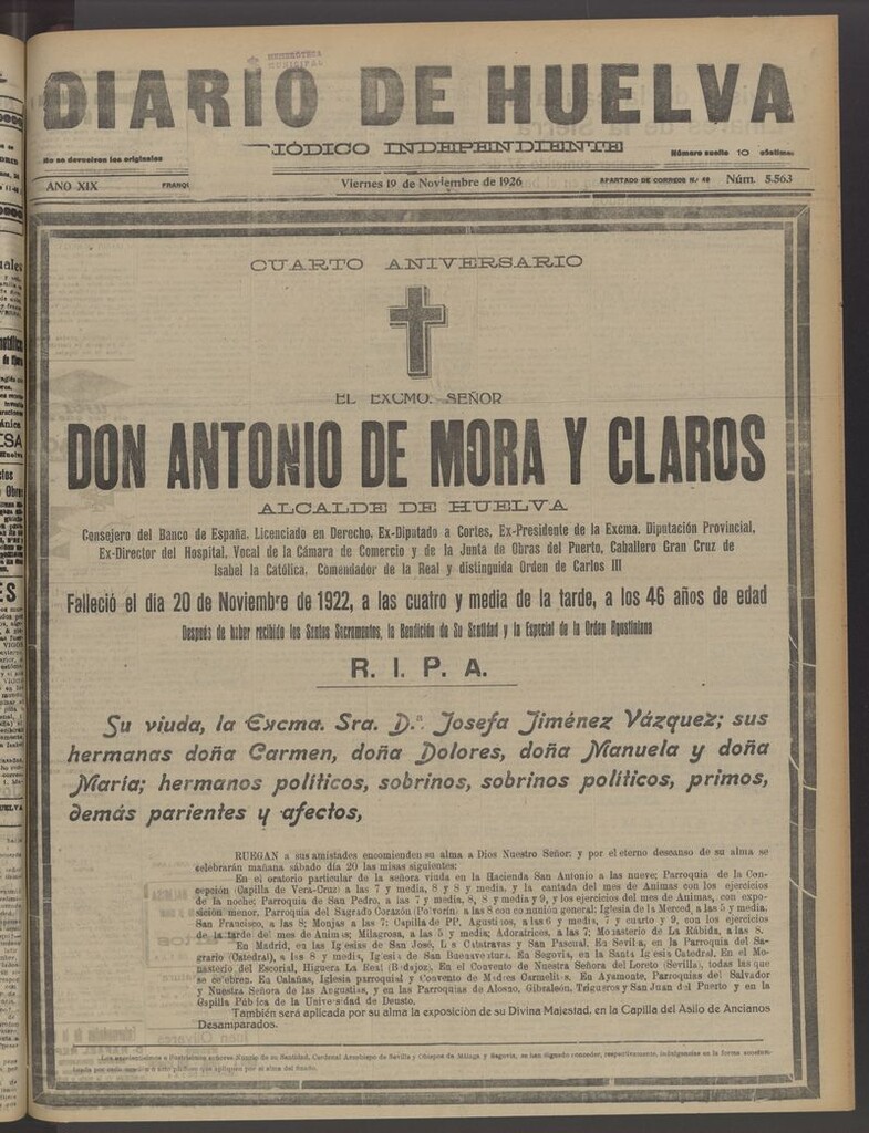 Miniatura de Diario de Huelva : periódico independiente del 19 de noviembre de 1926