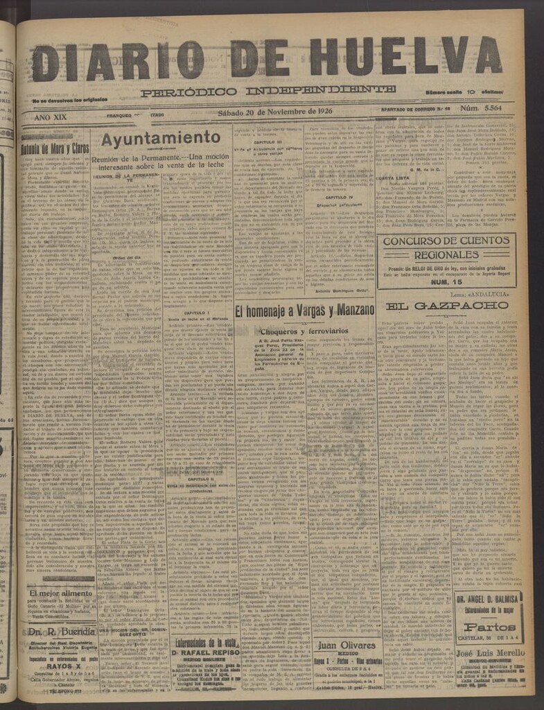 Miniatura de Diario de Huelva : periódico independiente del 20 de noviembre de 1926