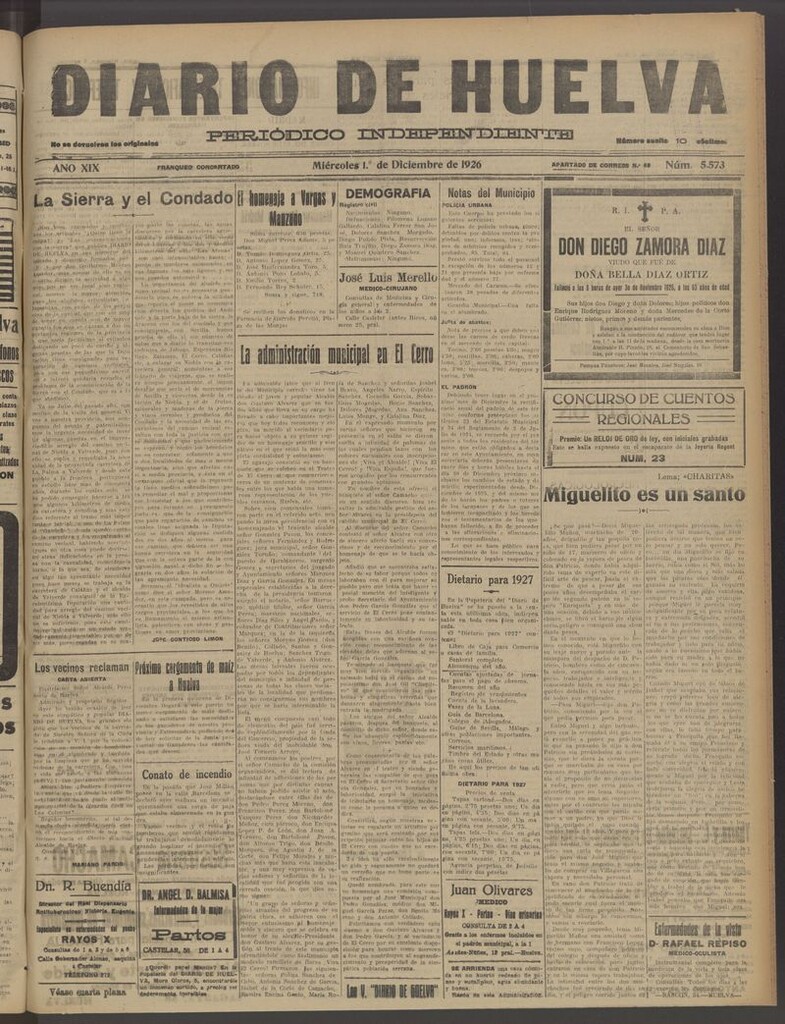 Miniatura de Diario de Huelva : periódico independiente del 1 de diciembre de 1926
