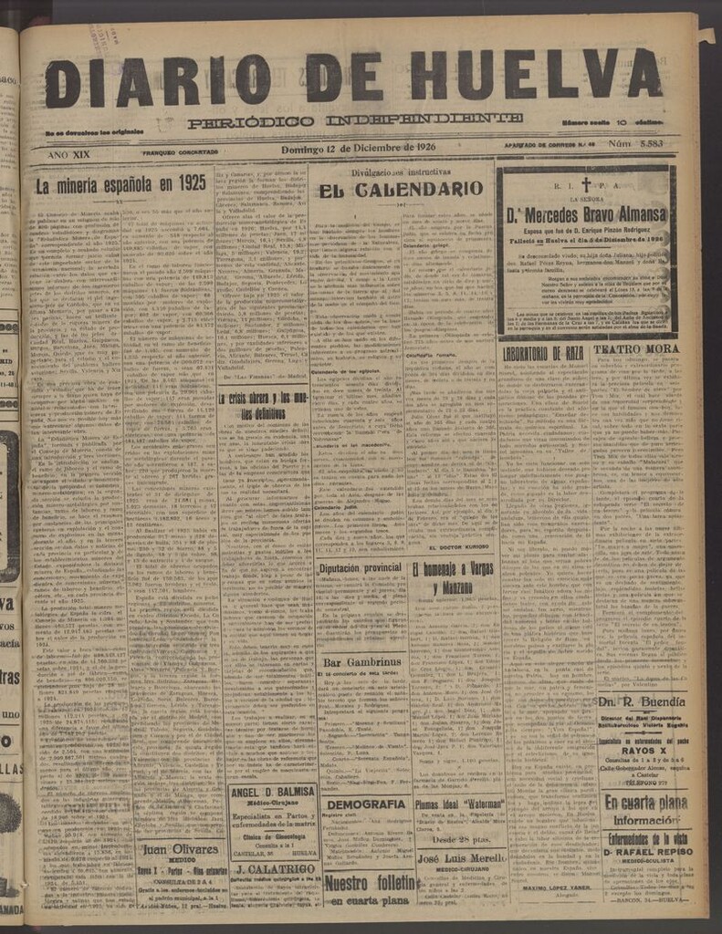 Miniatura de Diario de Huelva : periódico independiente del 12 de diciembre de 1926