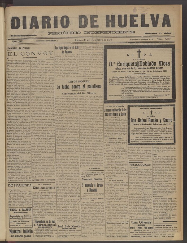 Miniatura de Diario de Huelva : periódico independiente del 30 de diciembre de 1926