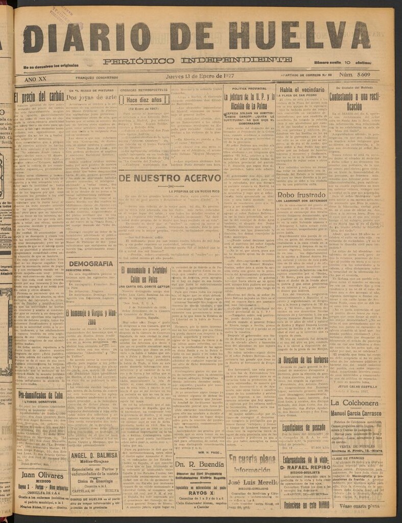 Miniatura de Diario de Huelva : periódico independiente del 13 de enero de 1927