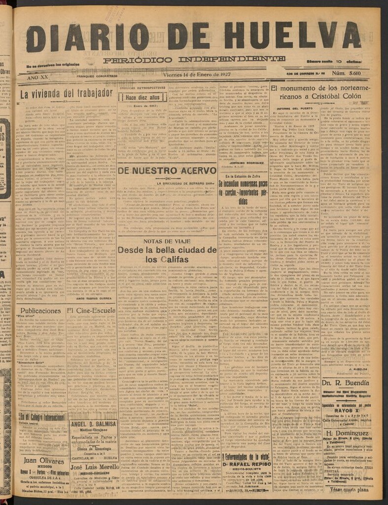 Miniatura de Diario de Huelva : periódico independiente del 14 de enero de 1927