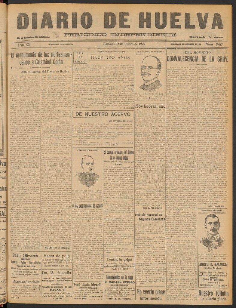 Miniatura de Diario de Huelva : periódico independiente del 22 de enero de 1927