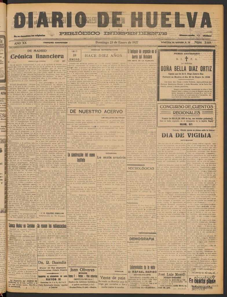 Miniatura de Diario de Huelva : periódico independiente del 23 de enero de 1927