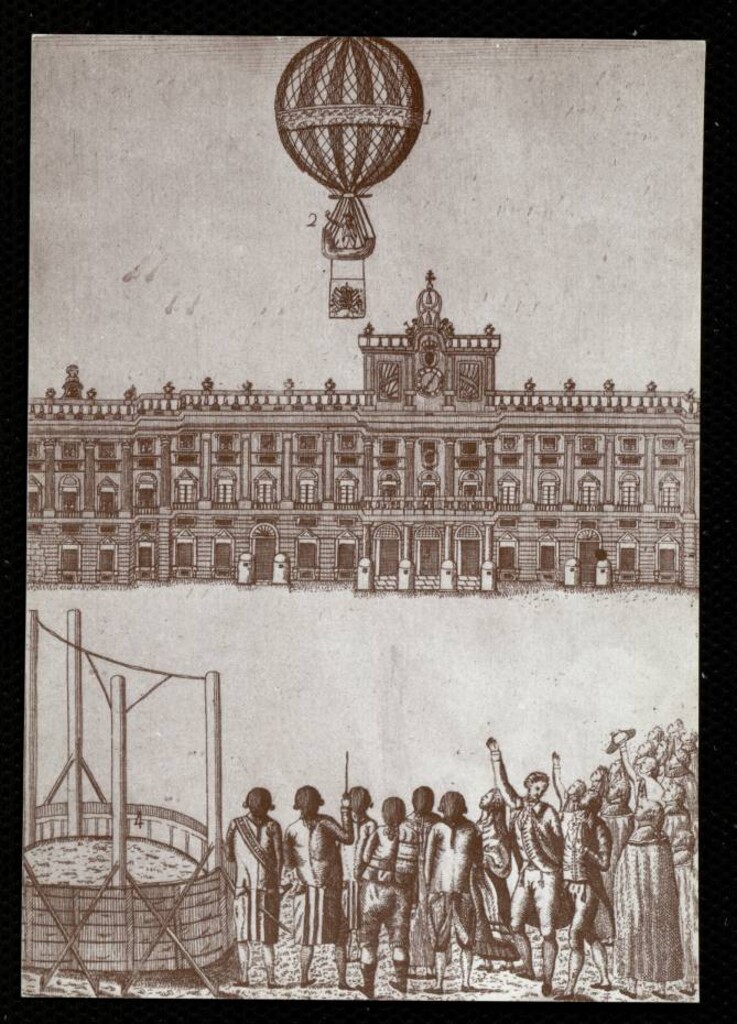 Miniatura de Ascensión en globo de Vicente Lunardi sobre el Palacio Real de Madrid
