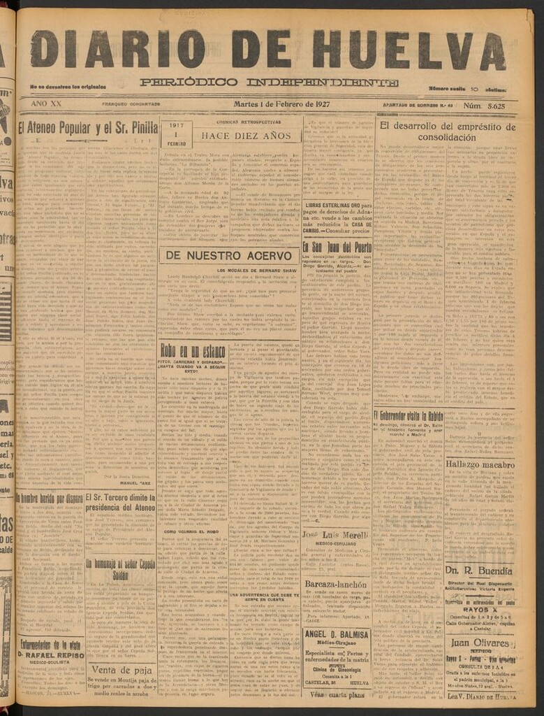 Miniatura de Diario de Huelva : periódico independiente del 1 de febrero de 1927