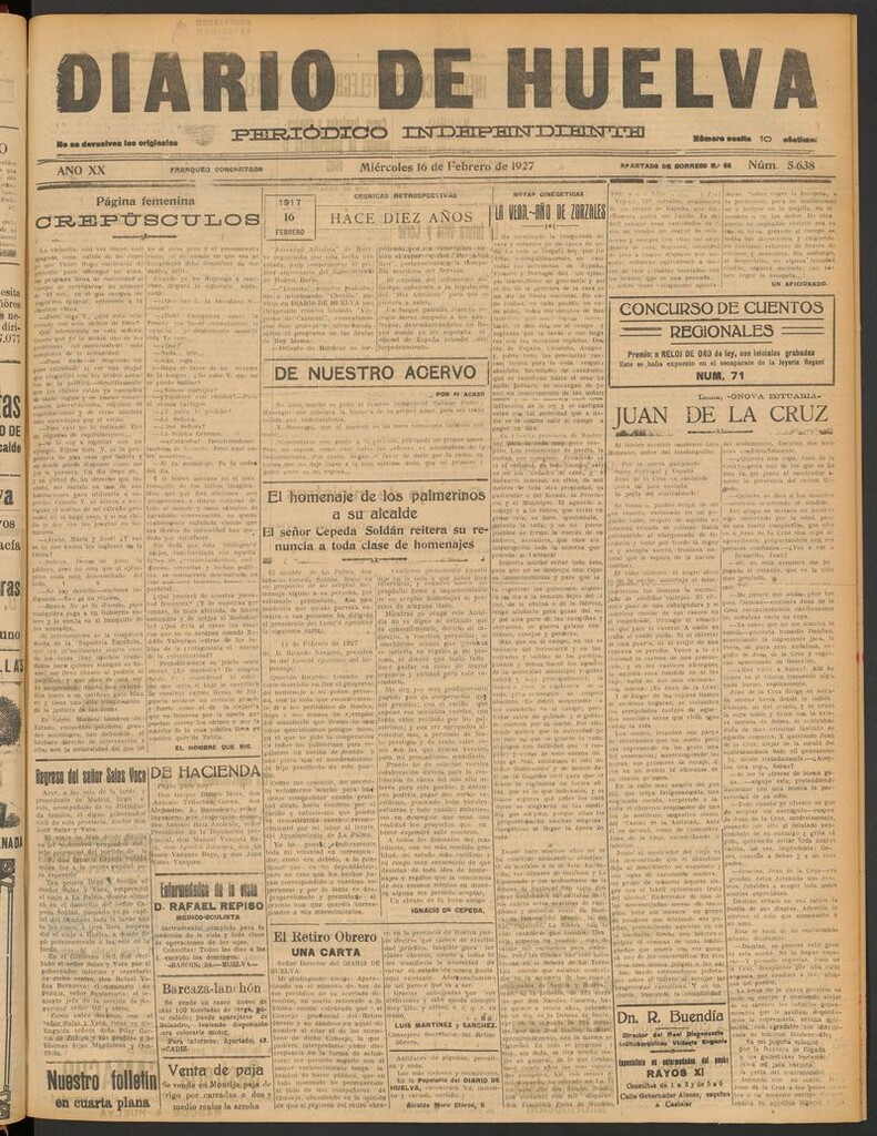 Miniatura de Diario de Huelva : periódico independiente del 16 de febrero de 1927
