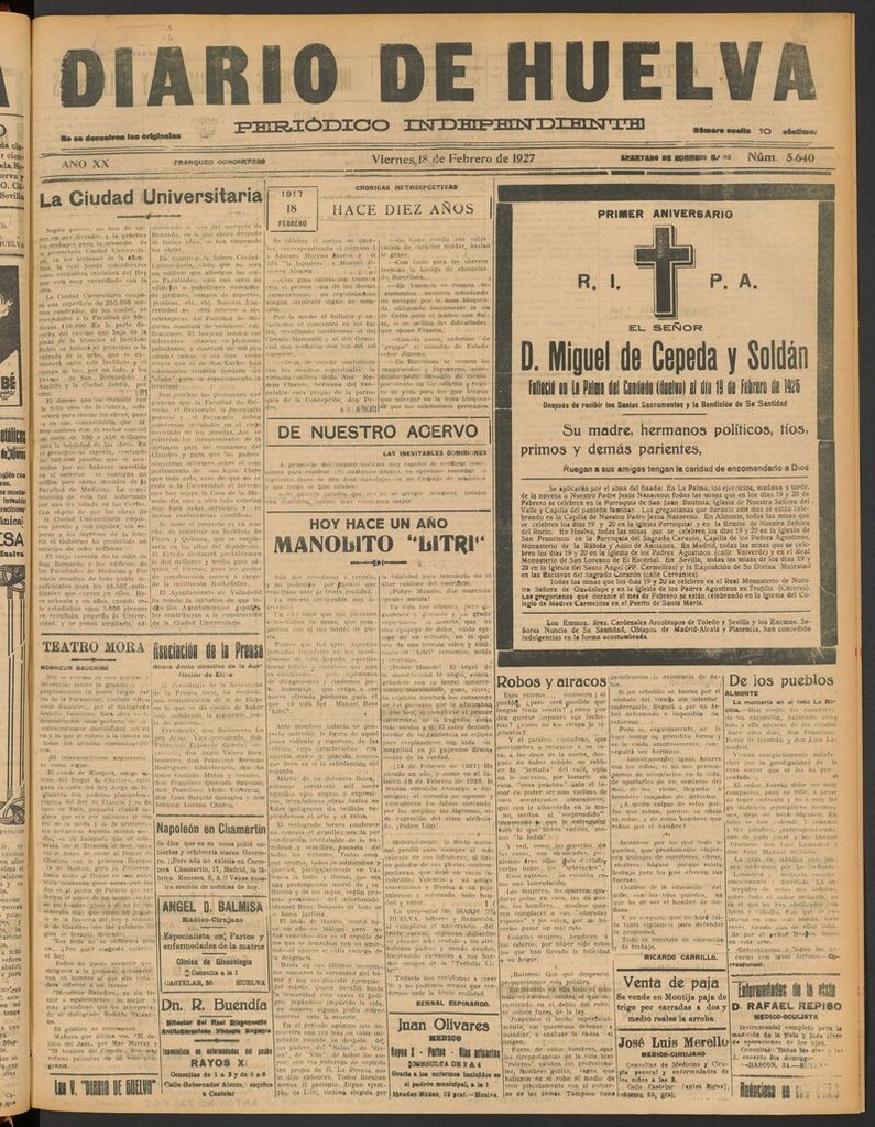 Miniatura de Diario de Huelva : periódico independiente del 18 de febrero de 1927