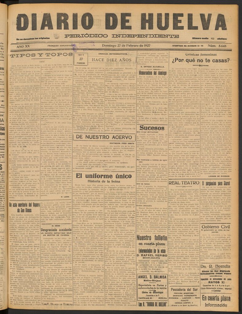 Miniatura de Diario de Huelva : periódico independiente del 27 de febrero de 1927