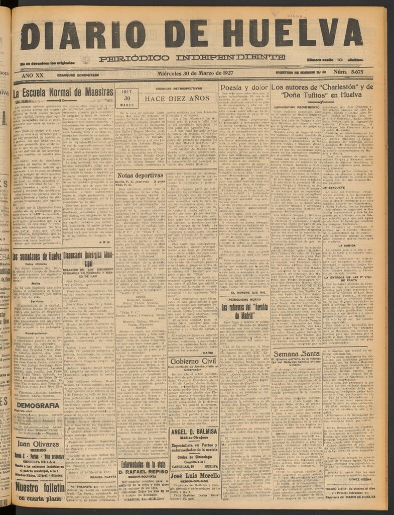 Miniatura de Diario de Huelva : periódico independiente del 30 de marzo de 1927