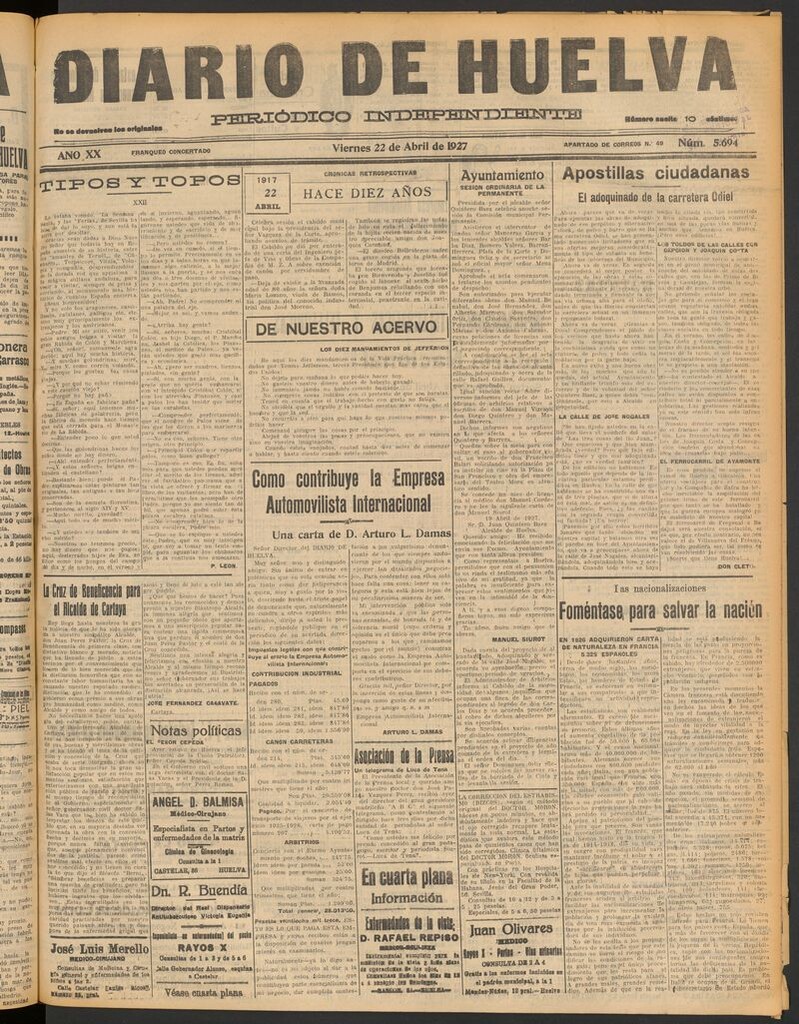 Miniatura de Diario de Huelva : periódico independiente del 22 de abril de 1927