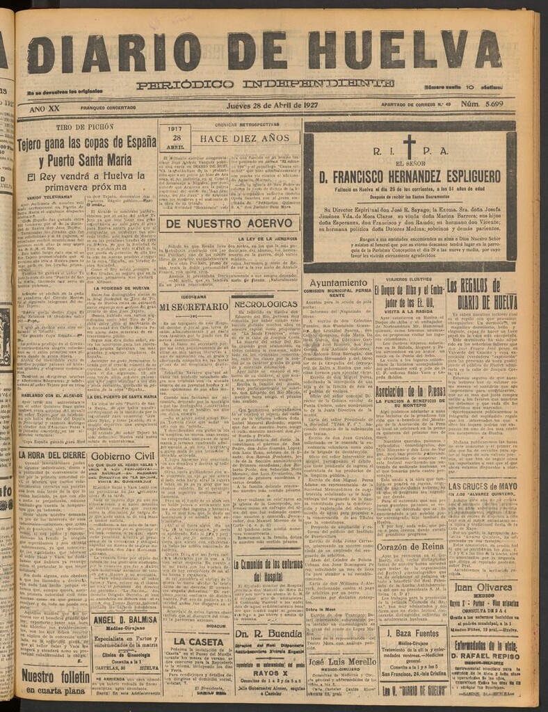 Miniatura de Diario de Huelva : periódico independiente del 28 de abril de 1927