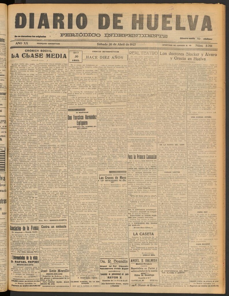 Miniatura de Diario de Huelva : periódico independiente del 30 de abril de 1927