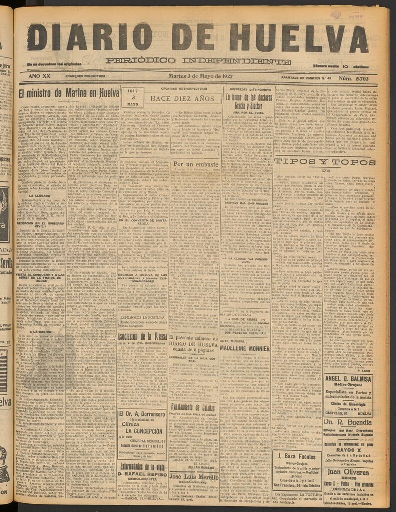 Miniatura de Diario de Huelva : periódico independiente del 3 de mayo de 1927