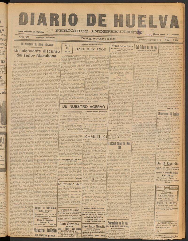 Miniatura de Diario de Huelva : periódico independiente del 15 de mayo de 1927